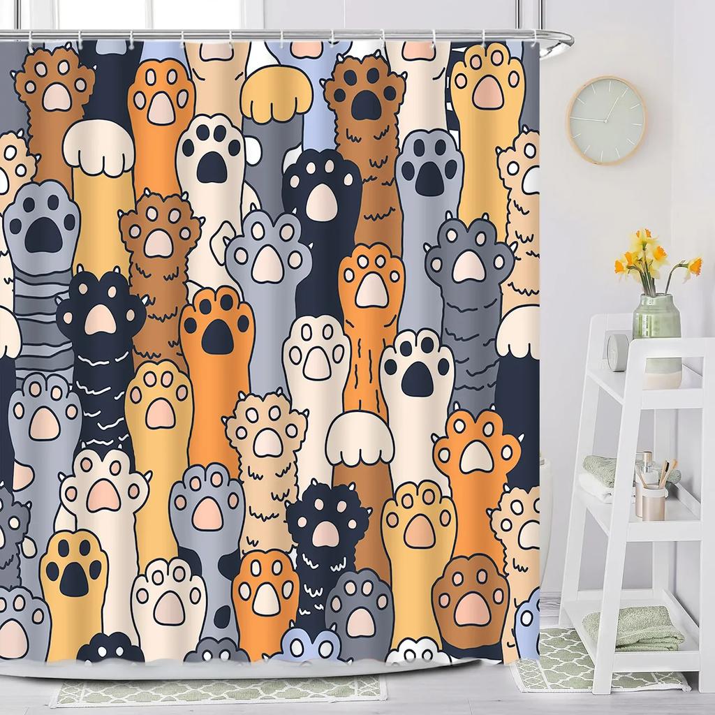 Cartoon Animal Shower Curtain with Funny Cat and Dog Paws Cute Kids Shower Print Family Bathroom Decoration with Hooks
