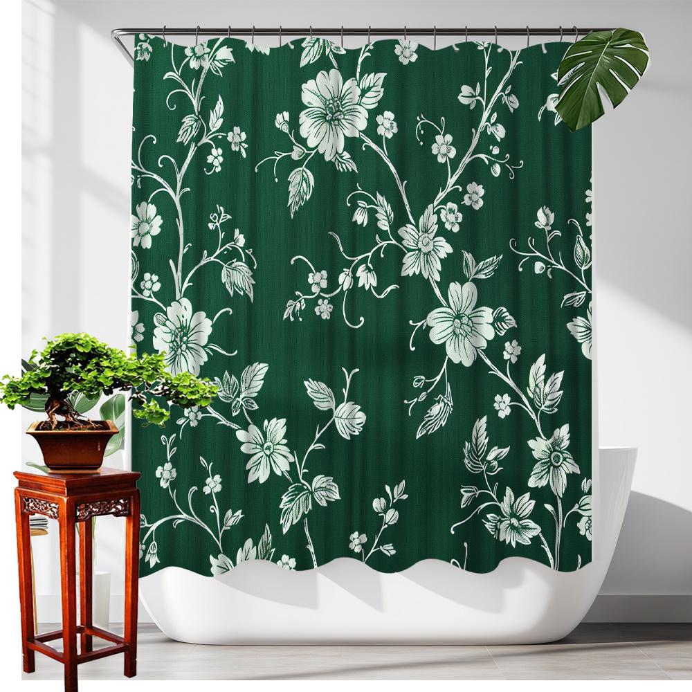 Eleganter grüner Blumenduschvorhang - Wasserdicht, schimmelresistent mit klassischem weißem Blumendesign für eine anspruchsvolle Dekoration