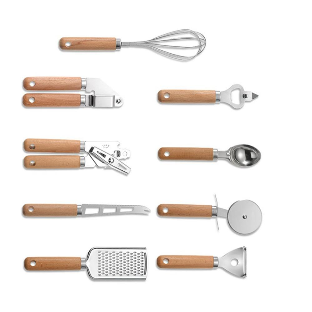 9 PCS Silver Wooden Color Kitchen Utensil Set Stainless Steel Kitchen Gadget Set  Baking Cooking