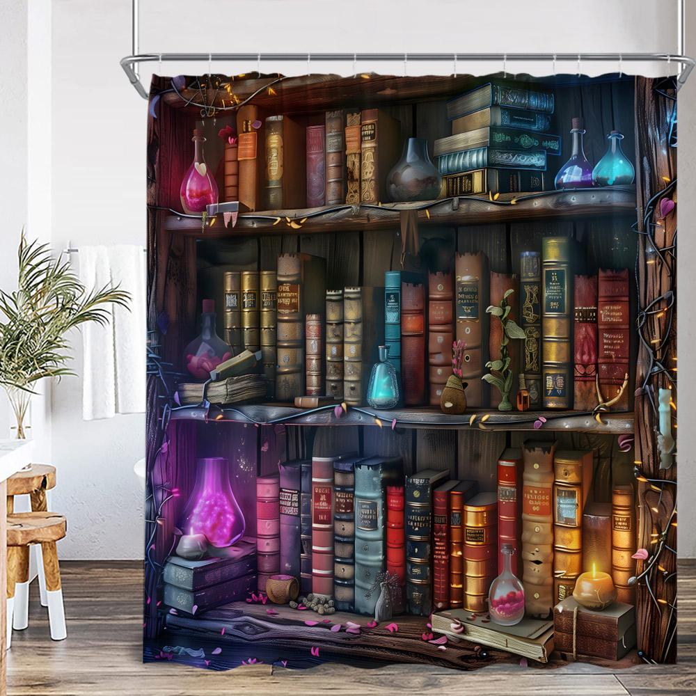 Wizard Magic Halloween Shower Curtain Magical Bookshelf Pharmacist Witch Room Astrology Bathroom Decoration Vintage Bath Curtain