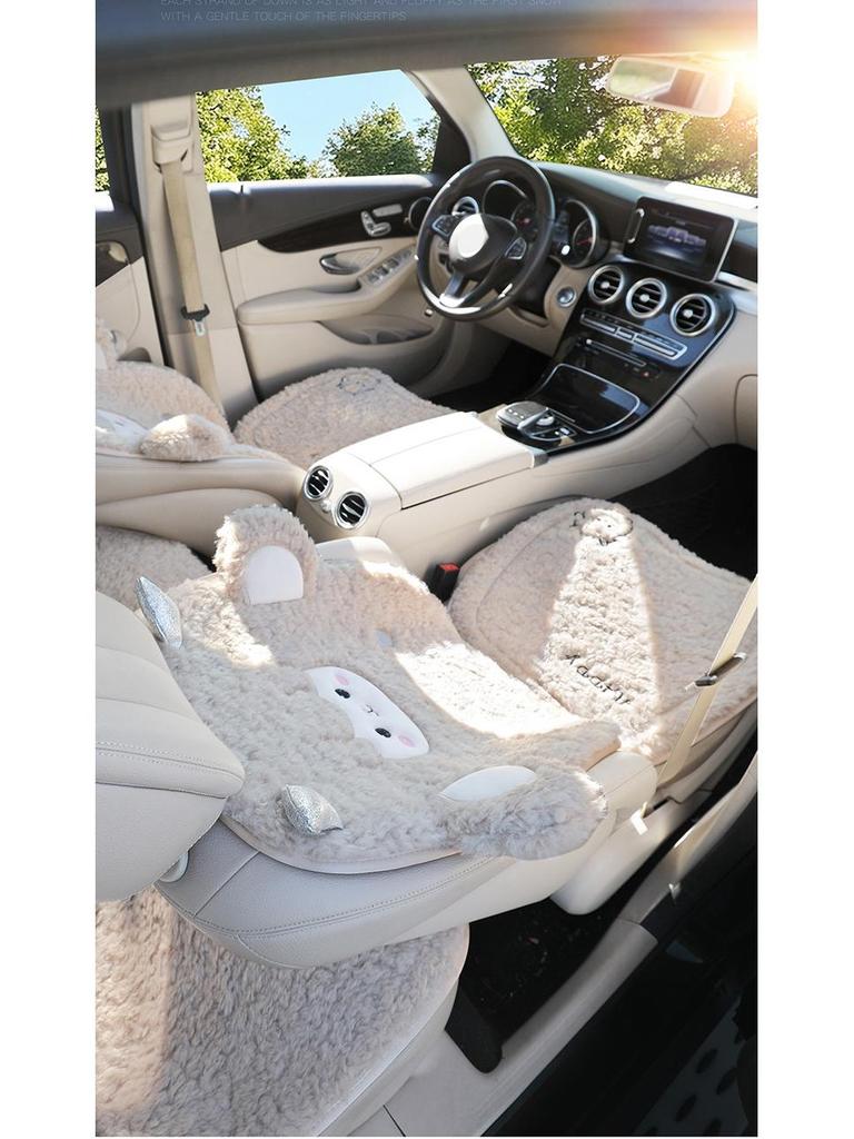 Women's Cute Cartoon Plush Winter 3-Piece Car Seat Cushion Set for Five-Seat Vehicles