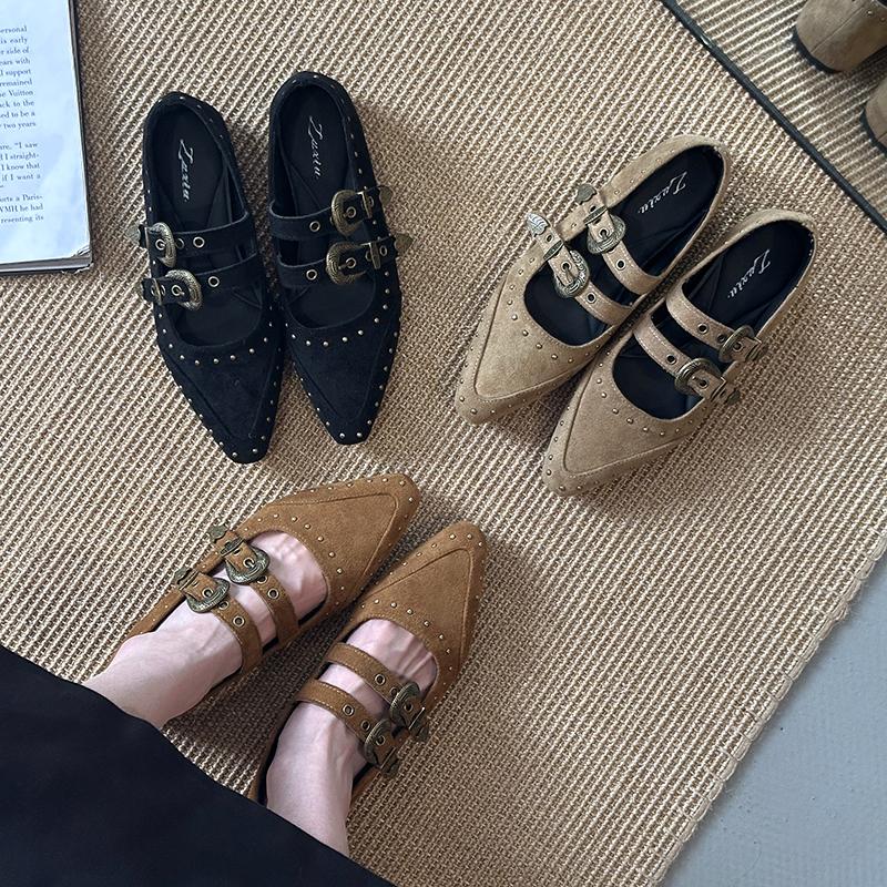 Fashion New Style Women's Fashion Shoes Flats Leather Rhinestone Ballet Shoes for Women Flat Straight Strap Retro Mary Jane Single Shoes