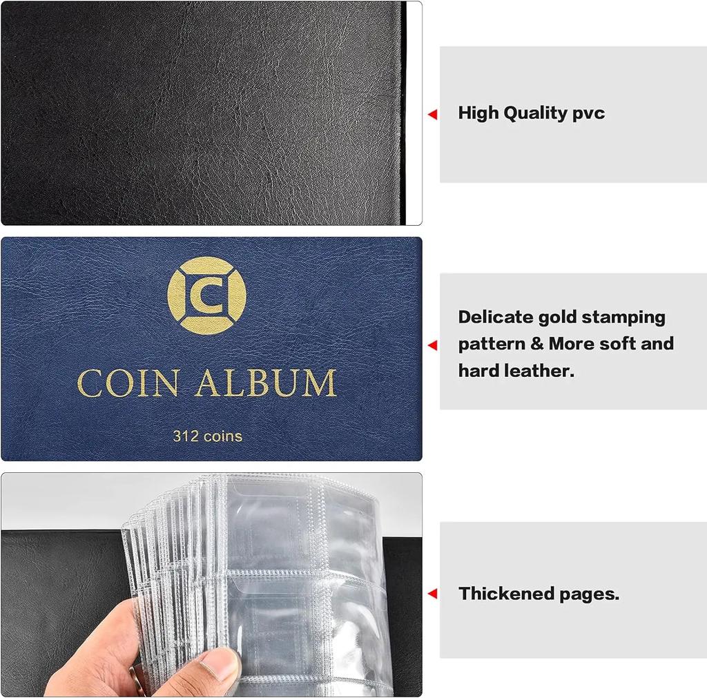 Collectible Coin Supplies Book Binder for Collectors, 312-pocket Collection Album, Suitable for 20, 25, 27, 30, 38, 46 Mm Coins.
