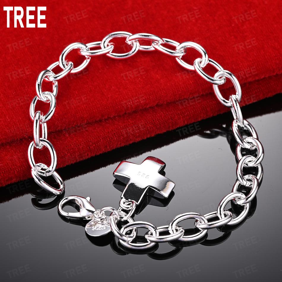 925 Sterling Silver Simple 3D Cross Chunky Bracelet Gift Jewelry 20CM
