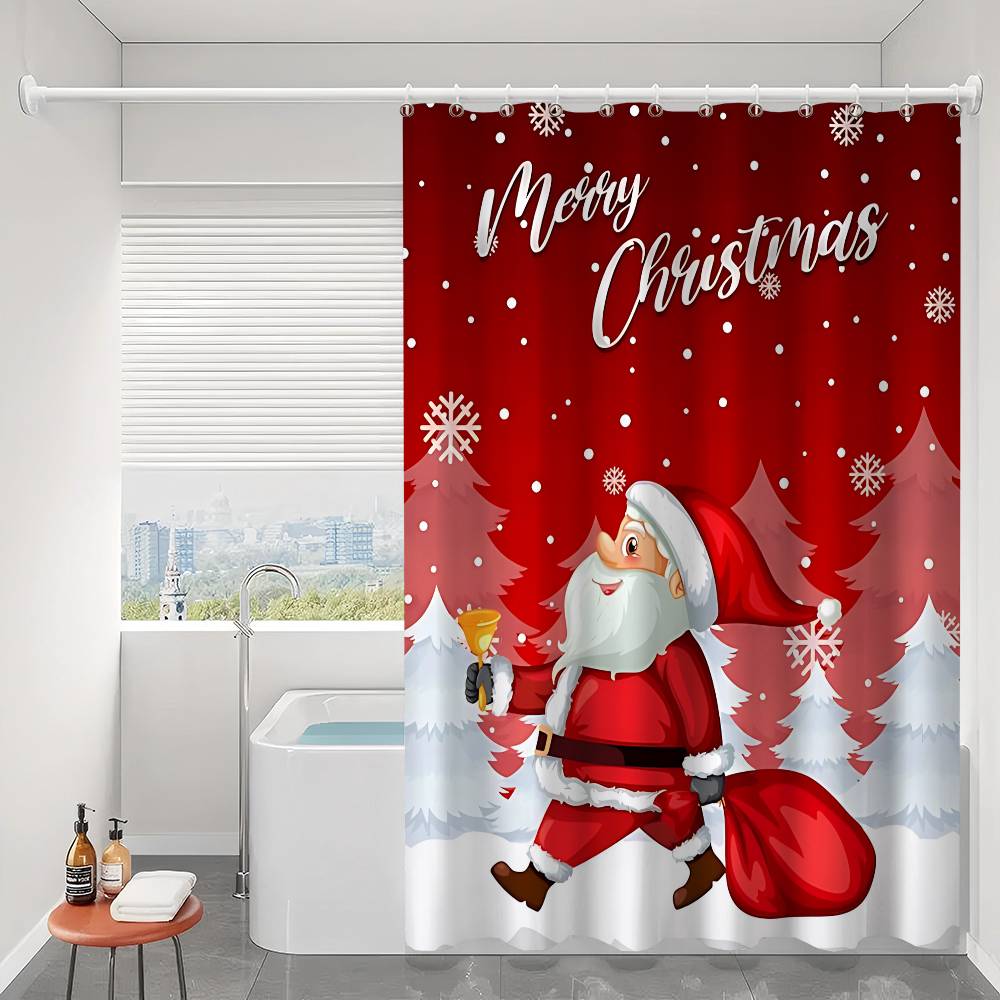 Christmas Santa Claus Shower Curtain Summer Beach Bathroom Decorative Shower Curtain, Waterproof