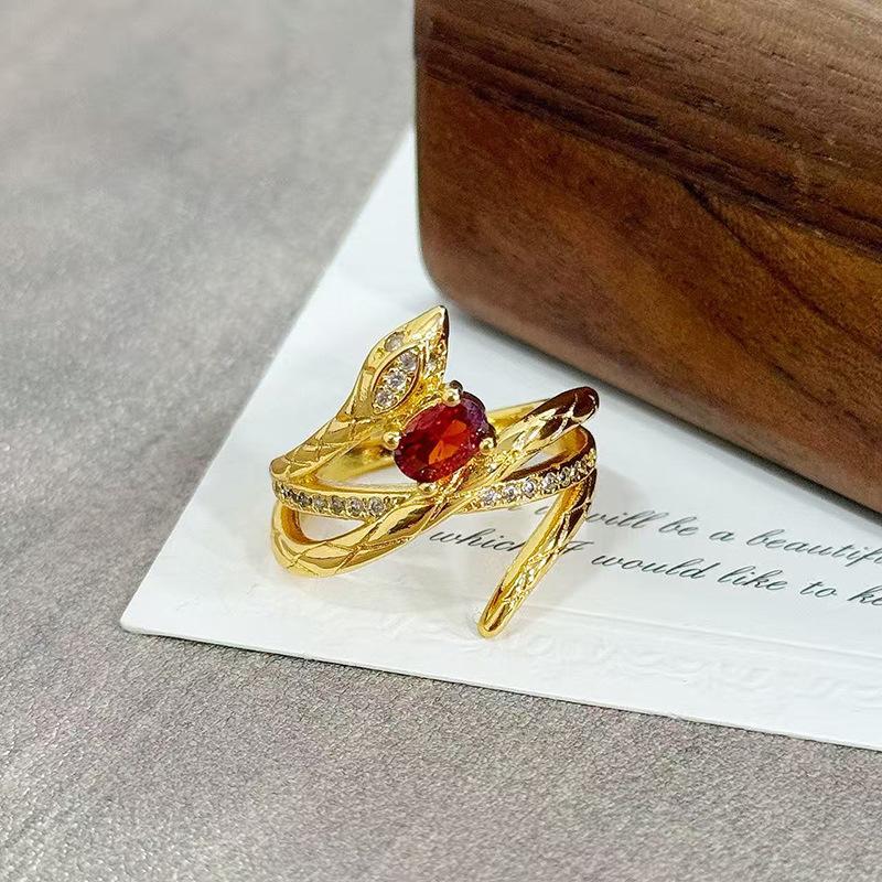 Medieval Vintage Orange Red Zircon Inlaid Simple Open Ring Female Retro Flower Temperament Niche Index Finger Ring