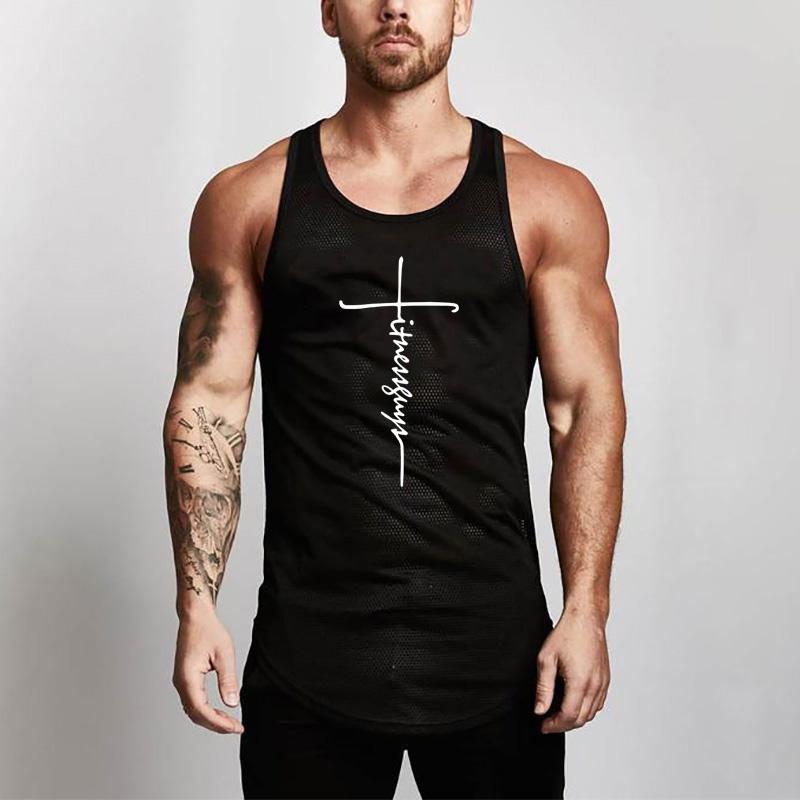 

Gym Bodybuilding Slim Fit Sleeveless Tank Tops Summer Mesh Breathable Quick Dry Workout Muscle Shirts Mens Casual Sport Singlets M чёрный