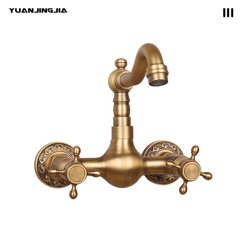 Retro French Copper Wall-Mounted Double Handle Faucet for Kitchen and Balcony.