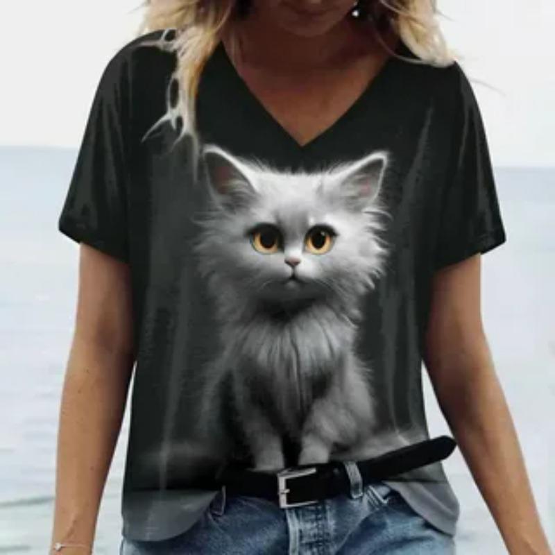 Cat Pattern Summer Loose Women's T-Shirts Casual Comfortable Loose V-Neck Short-Sleeve T-Shirt