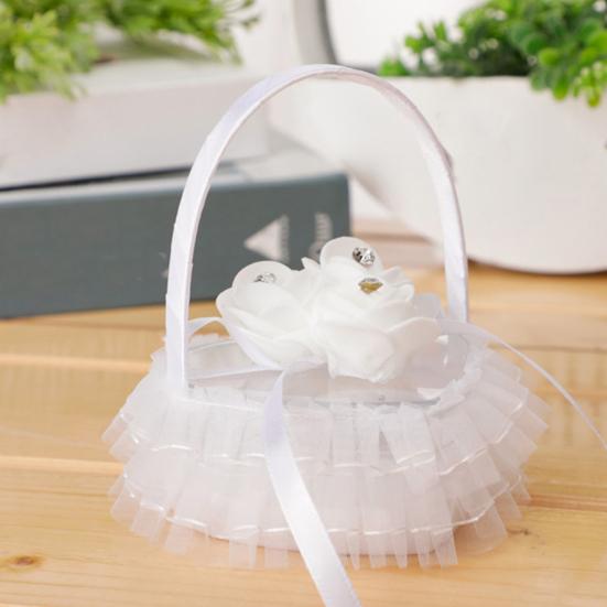 Wedding Ring Basket Flower Decor Rhinestone Solid Color Heart Shape Mesh Hold