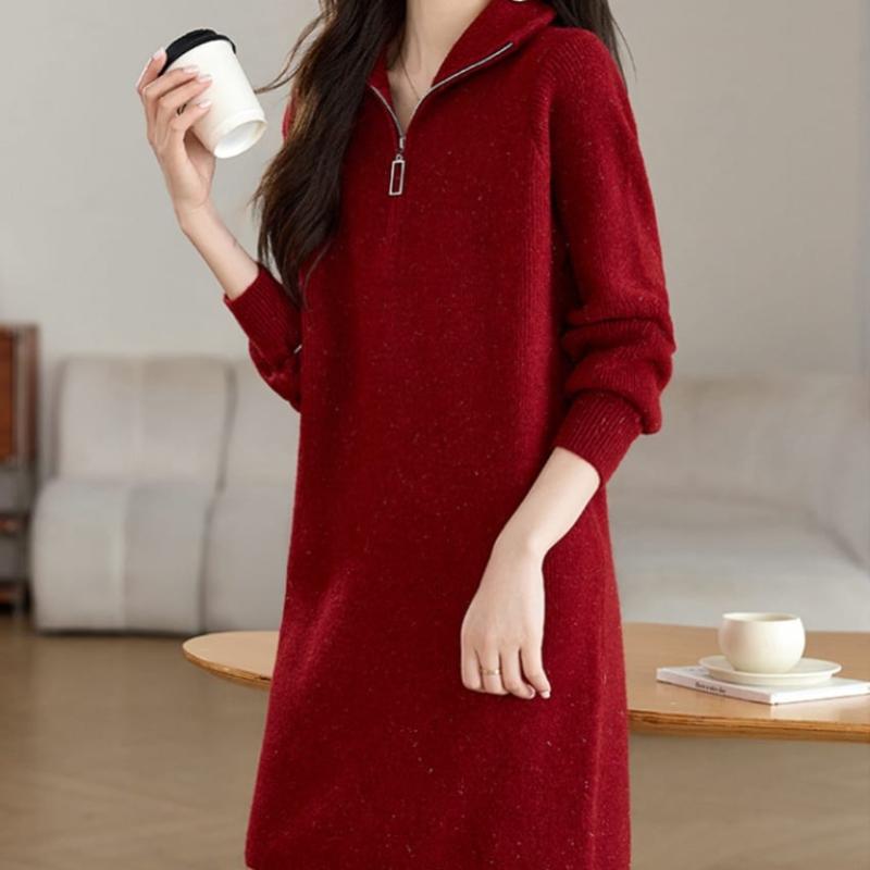 Navava Women Warm Solid Ribbed Half Zip Collar Long Sleeve Knit Dress No951