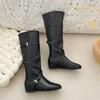 Sleeve Inside Heightened No Knee Boots Fashion Round Toe Soft Leather Soft Sole Belt Buckle Low Heel Knight Boots