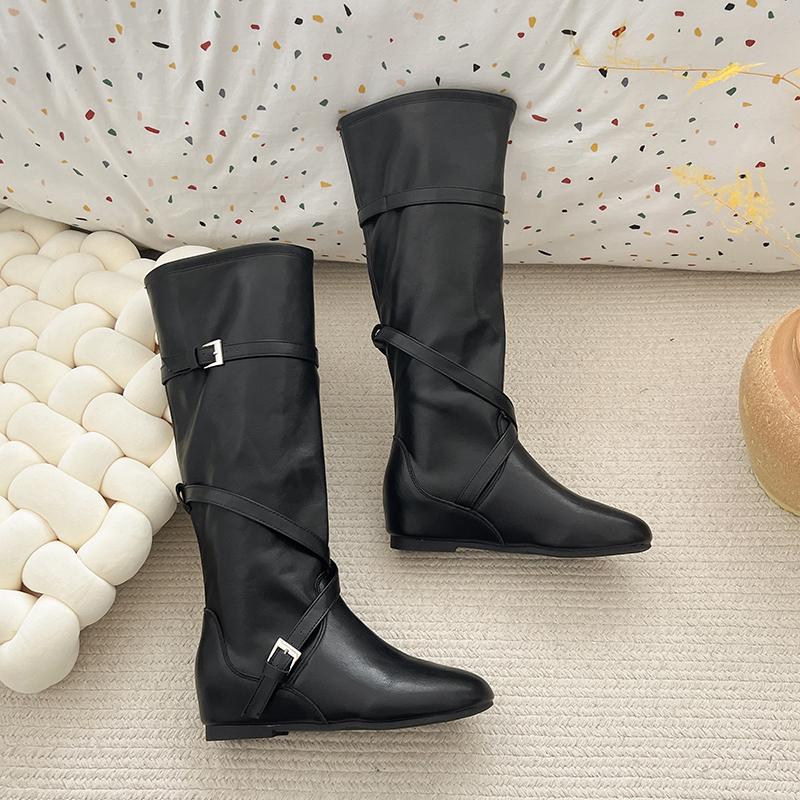 Sleeve Inside Heightened No Knee Boots Fashion Round Toe Soft Leather Soft Sole Belt Buckle Low Heel Knight Boots