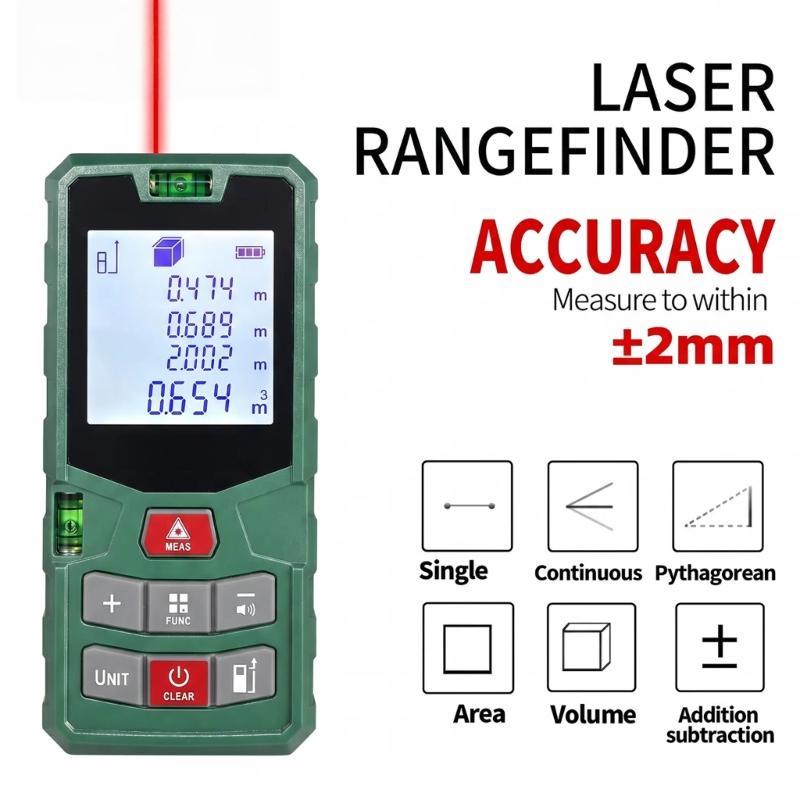 Handheld Distance Reader Bright Digital Rangefinder, Space Measuring Functions and Bubble Level Support for Home