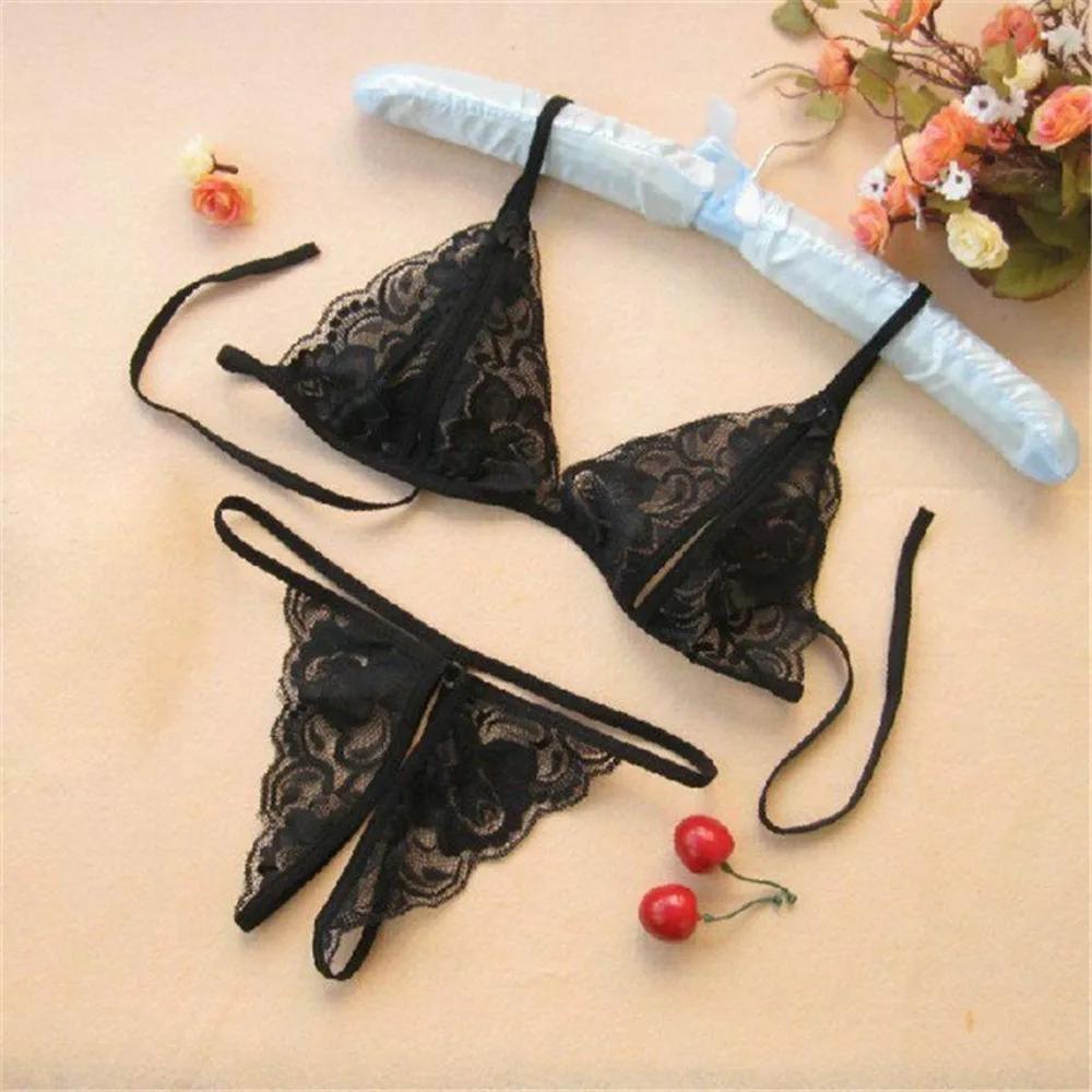 Sexy Women Lady Lingerie see through Lace Underwear Sleepwear lace up bra +Open Crotch G-string Erotic set For Woman