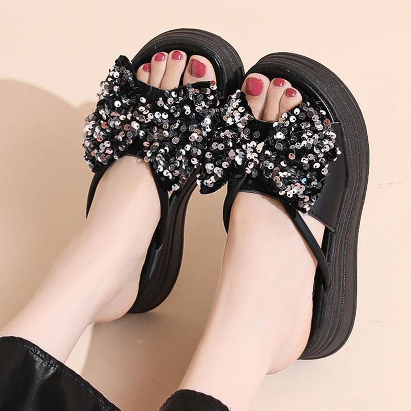 Super fire with skirt platform slippers women's summer wear 2025 new bow sequins high-end sandals