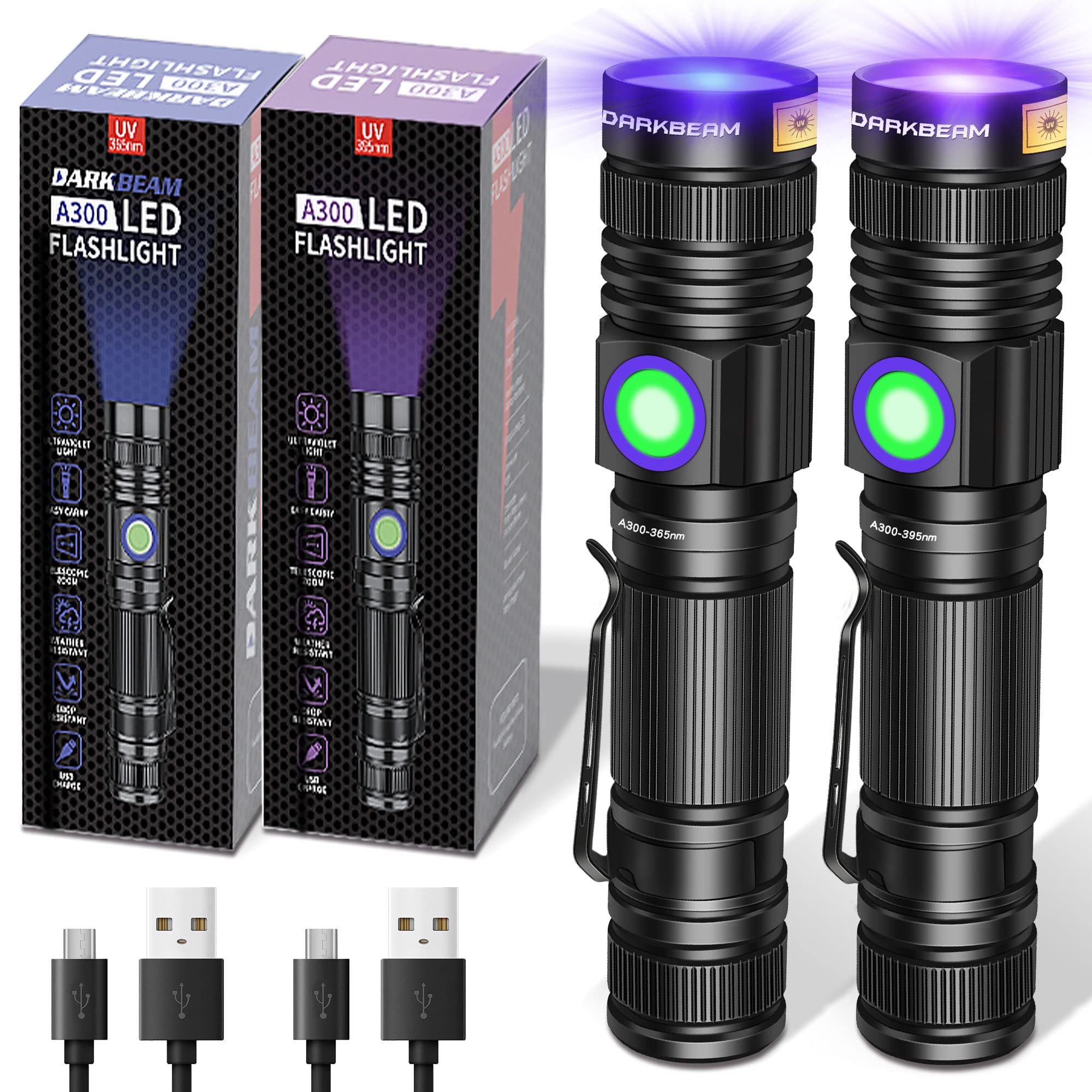 

DARKBEAM UV Flashlight, 365nm & 395nm Black Light, Rechargeable USB Wood s Lamp, Ultraviolet Black Light LED, Portable - Pet Cat Urine, Stains, Resin