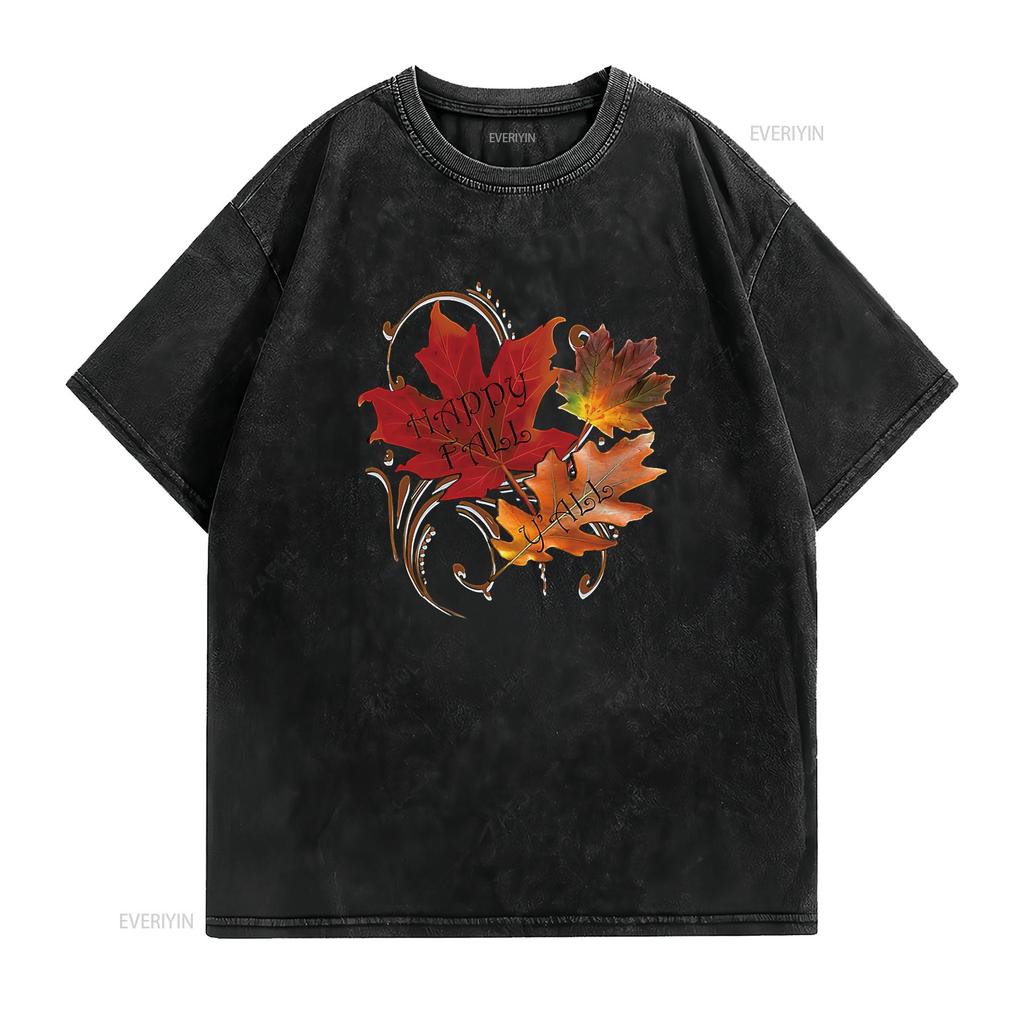 Fall Quote Happy Y all Cute Thanksgiving Design Autumn Womens T Shirt Black vintage Washed fashion Comfortable homme Versatile