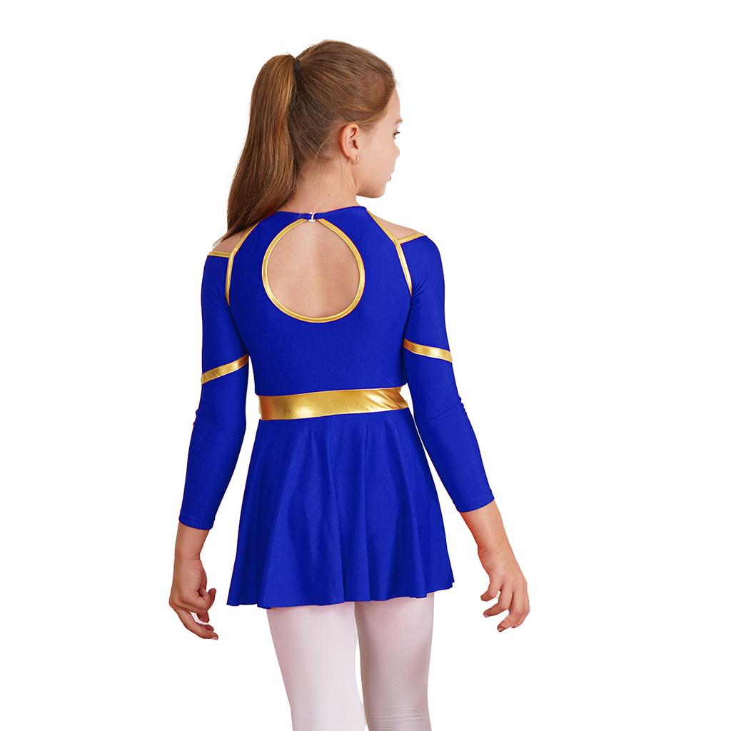 Complete Cheerleading Outfit for Girls: Contrast Color Long Sleeve Leotard Dress Featuring Cold Shoulder & Keyhole Back Detail