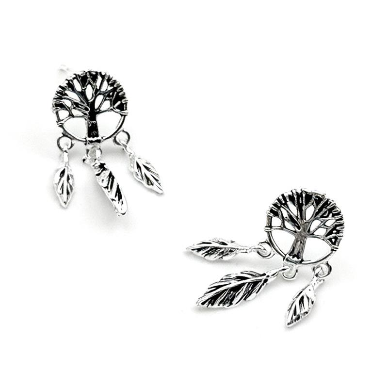 Серьги-подвески  Древо жизни  из стерлингового серебра S925 - Серьги-гвоздики в этническом стиле  Ловец снов  для женщин S925 Silver