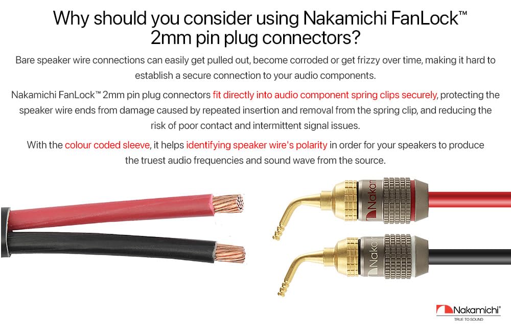 Nakamichi FanLock Excel Series 24k Gold Plated 2mm Pin Plug Banana Spring Clip 10 AWG 18 AWG Gauge Size 4mm for Speaker Amplifier Stereo Home Theater