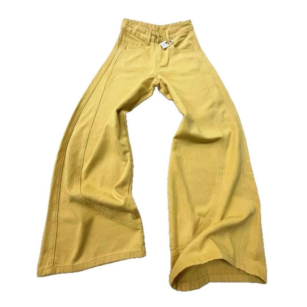 Damen Retro Gelbe Weitbeinjeans - Hohe Taille, Schlankmachend, Gerade Beinlinie, Bodenlang, Herbst 2025