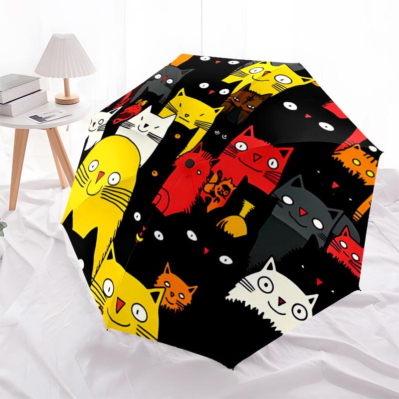 1pc Cat Pattern Automatic Folding Umbrella - Compact 8-Rib Design, Durable Plastic & Iron, Lightweight for Outdoor Daily Use052