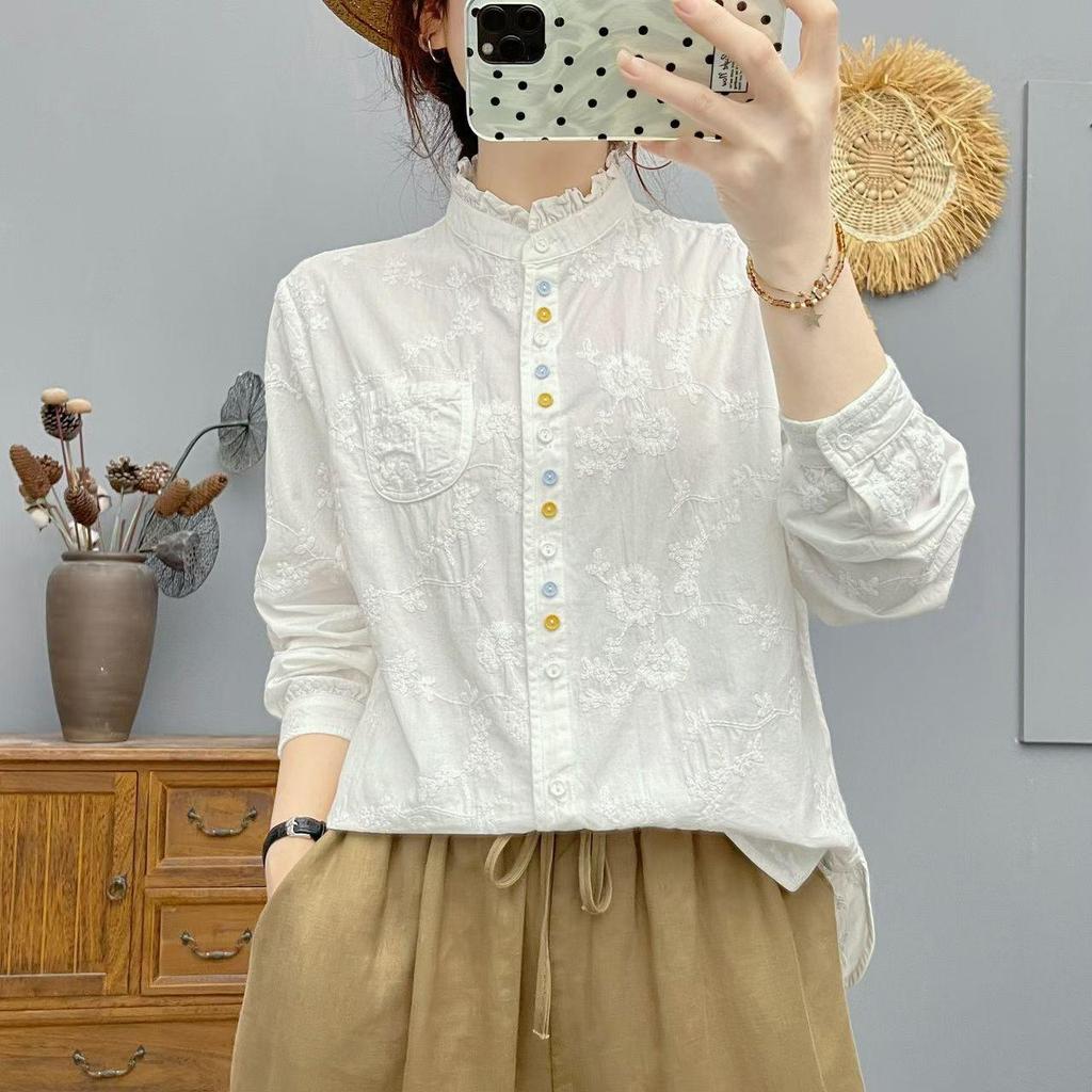 2026 Women's Spring Long Sleeve Jacquard Embroidery Pure Cotton Gauze Shirt - Casual, Versatile, Retro