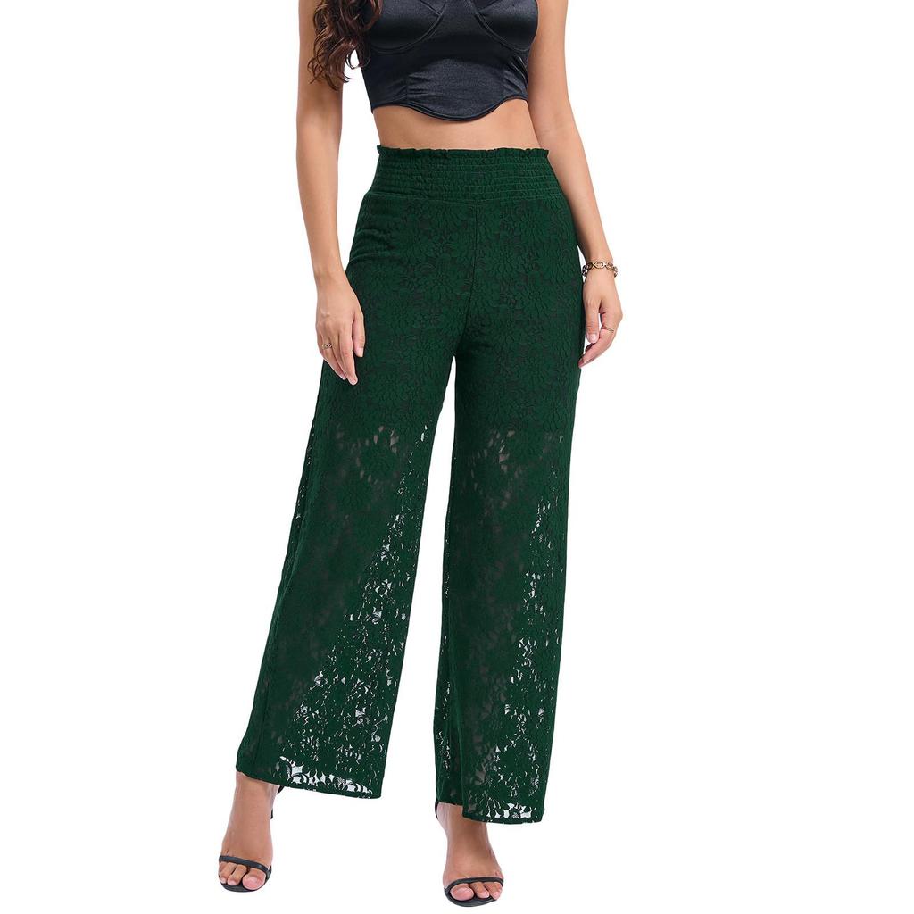 Wide Leg Pants For Women Summer Elastic High Waist Loose Hollow Hook Flower Lace Beach