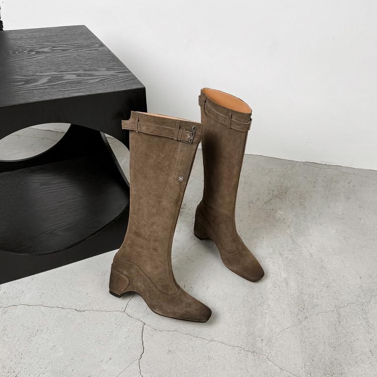 5Cm large tube circumference boots women 2025 new suede spice girls but knee long boots square head thick heel thin pile boots