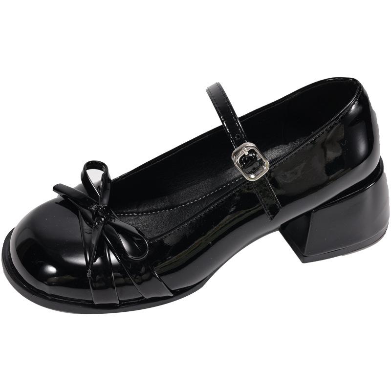 

Mary Jane shoes women s high heels spring 2025 new black patent leather round head small leather shoes light mouth medium thick heel single shoes 40 чёрный