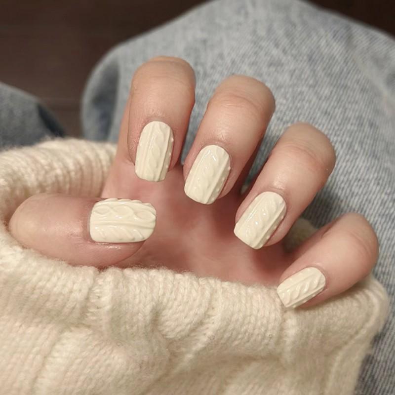 

Milk White Solid Color 3D Nail Art Fake Short Style European Wearing Autumn Winter High-end Patch