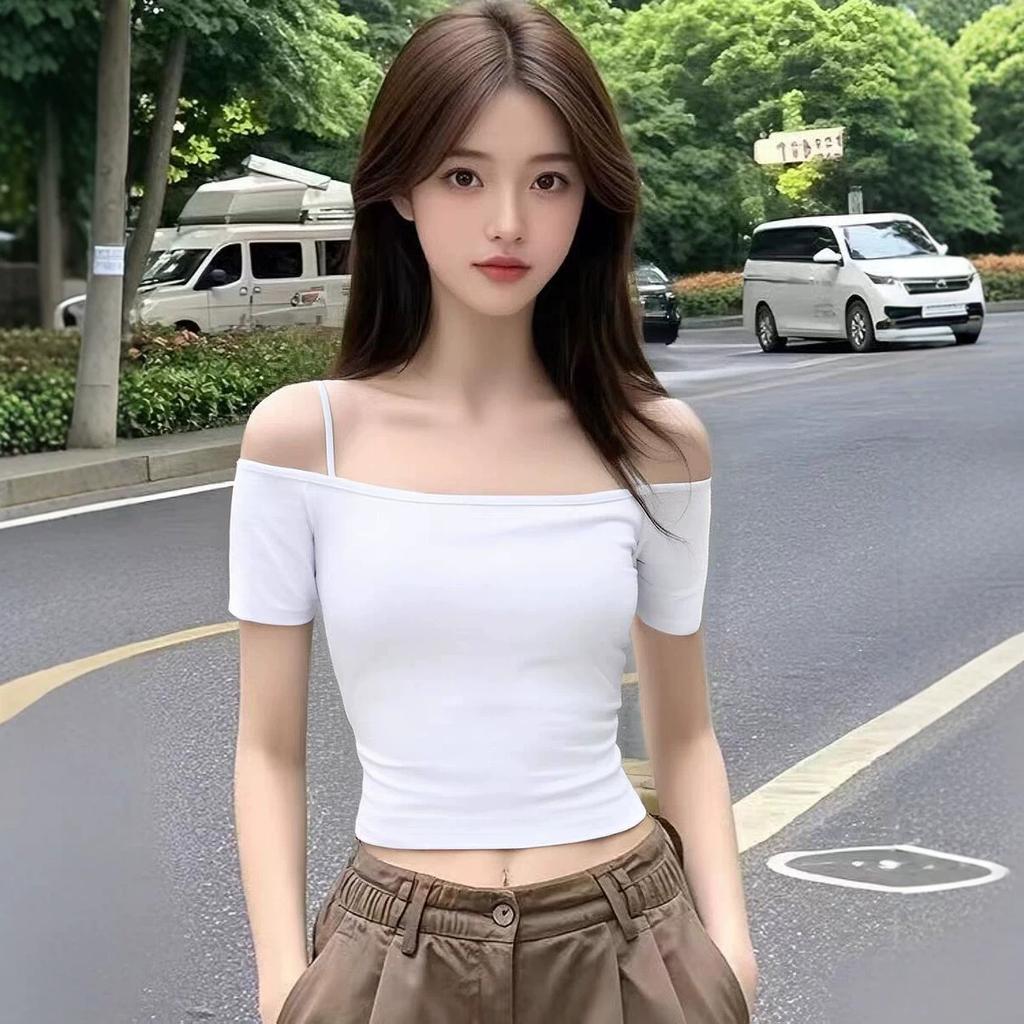 Summer New Suspender Slim Off-shoulder Short-sleeved T-shirt Female Sexy Spice Short One-word Shoulder Beautiful Top