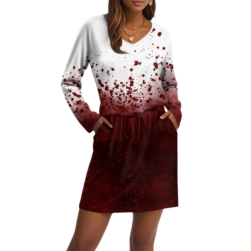 Women's Fashionable V-neck Long Sleeved Drawstring With Pocket Halloween Printed Casual Dress