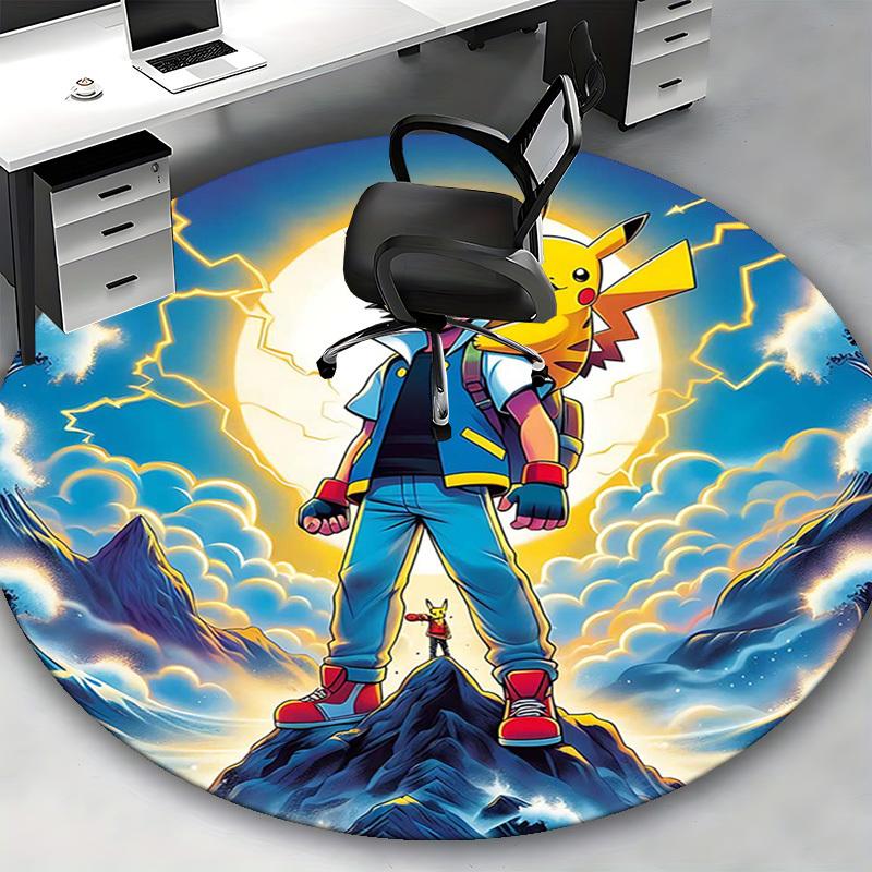 1pc Pokemon Pikachu & Ash Round Carpet - Anime Design Chair Mat for Office, Home Decor, Living Room