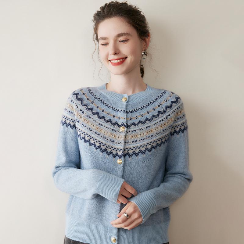 Cardigan Dama Etnic Fair Isle Floral din Cașmir - Pulover cu Tricotaj Larg și Gât Rotund