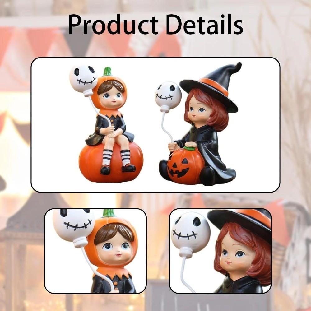 2pcs Witch Doll Pumpkin Girl Figurines Resin Halloween Party Ornaments  Bedroom Desk Decoration