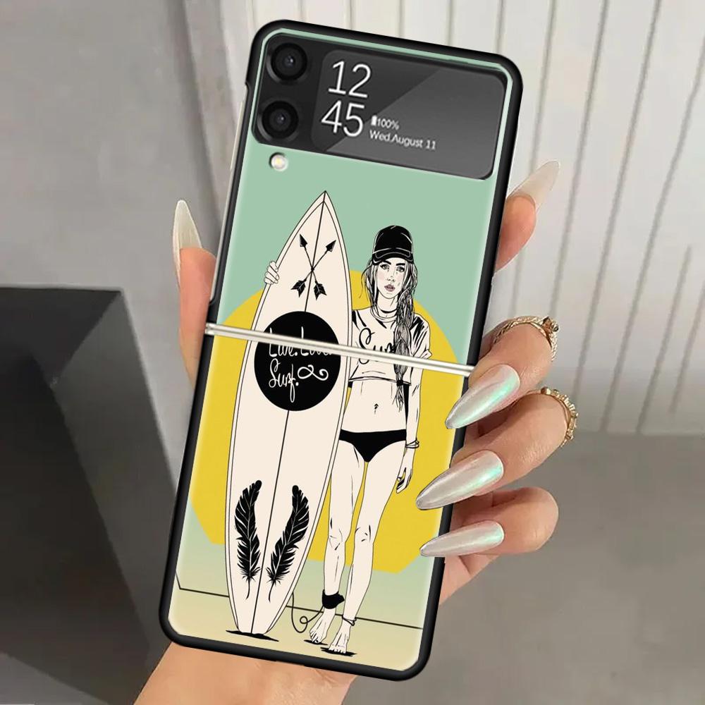 Surfbrett Ästhetik Harte PC Handyhülle Für Samsung Galaxy Z Flip 7 6 5 4 3 Schwarz ZFlip7 ZFlip6 Flip5 Flip4 Flip3 5G Bedruckte Hülle