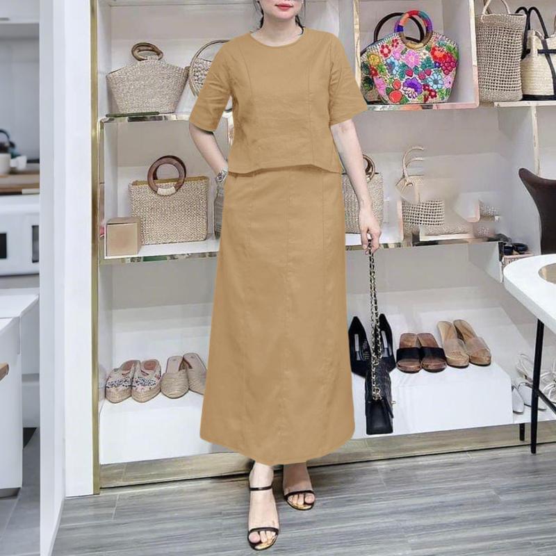 

ZANZEA Women Short Sleeve Blouse and Long Skirt Retro Two Piece Suit Sets 5XL хакі