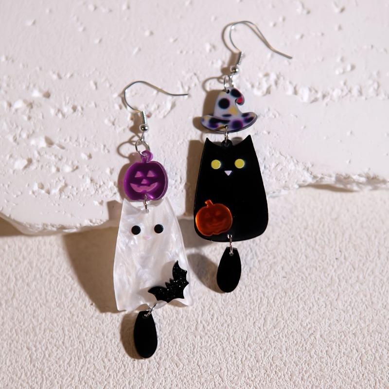 1PAIR popular Halloween black and white ghost pumpkin bat acrylic earrings funny niche design creative earrings