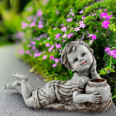 Child Statue Garden with Light Sculpture Outdoor Decoration for Patio Lawn