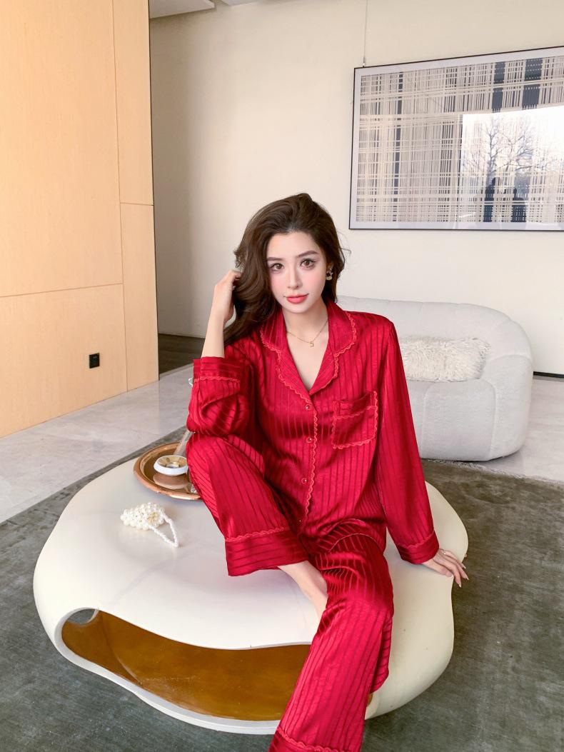 Women s High-End Ice Silk Striped Pajama Set - Spring/Summer Luxury Long Sleeve Jacquard Homewear Large