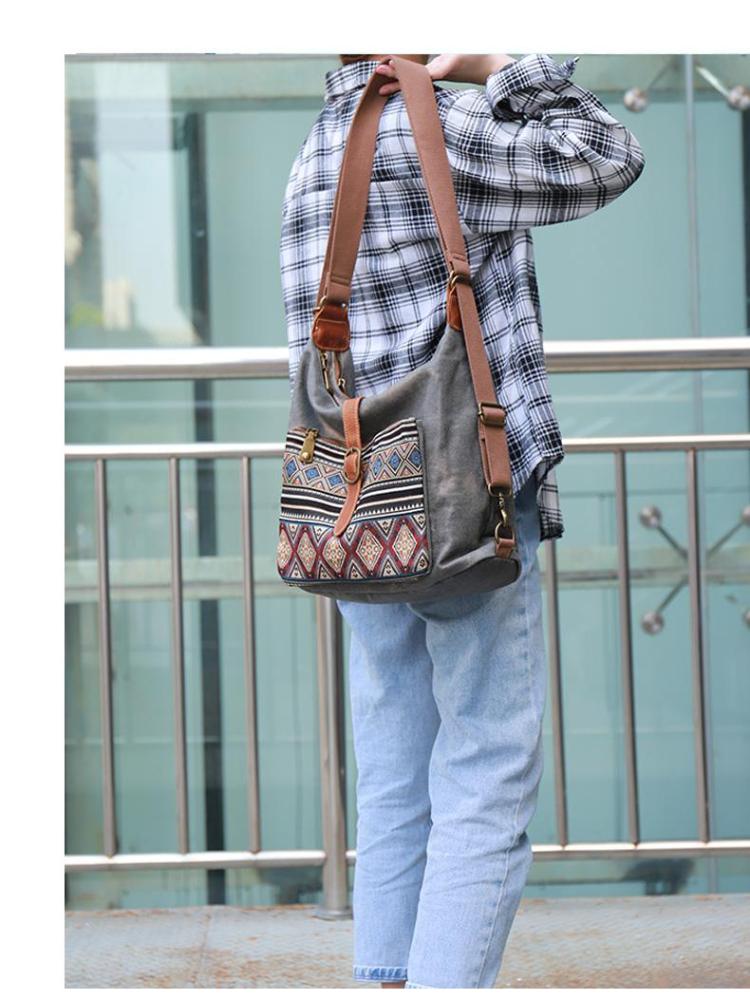 Johnature Denim-Mehrzweck-Umhängetasche, vielseitige große Kapazität, Segeltuch, geometrisch bedruckt, Damen-Umhängetaschen