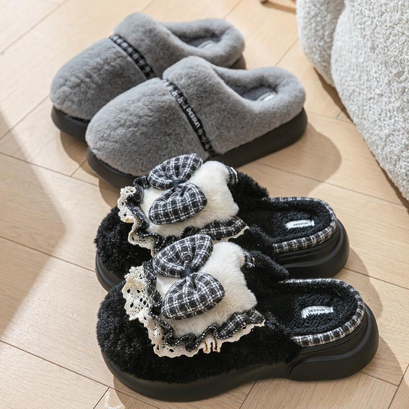 New Winter Plaid Butterfly Lace Cotton Slippers Women's Indoor Home Warmth Plush Cotton Slippers