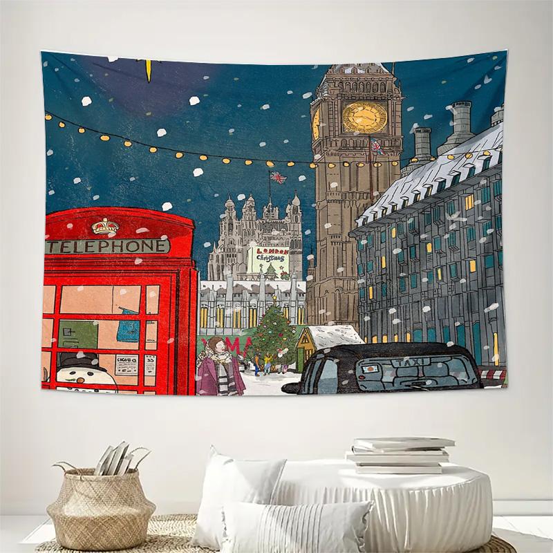 London Wall Tapestry British Cityscape Vintage Travel Aesthetic Room Decor Throw Blanket Dorm Home Living Room Wall Hanging Gift