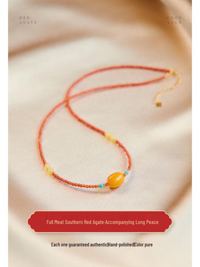 Nanhong Agate & Amber Red Beaded Pendant Choker Necklace