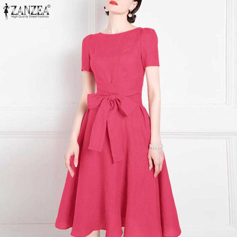 ZANZEA Elegant Casual Round Neck Bows Patchwork Summer Short Sleeve Dress
