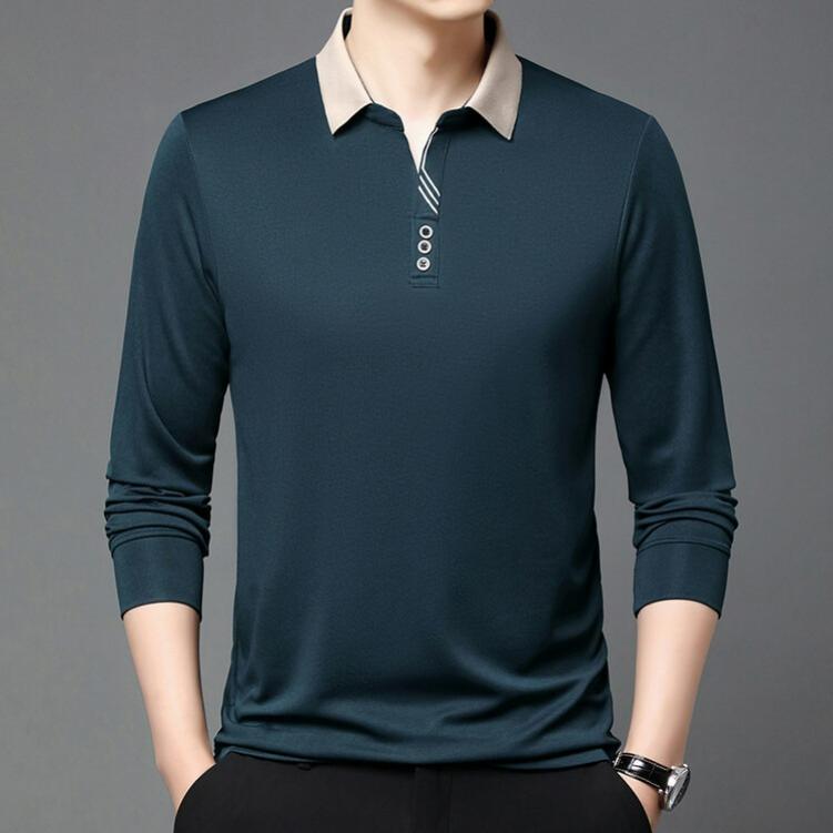 Men's Autumn Long-sleeved Polo Shirt Men's Business Scissors Collar Fit Solid Color Lapel Bottoming