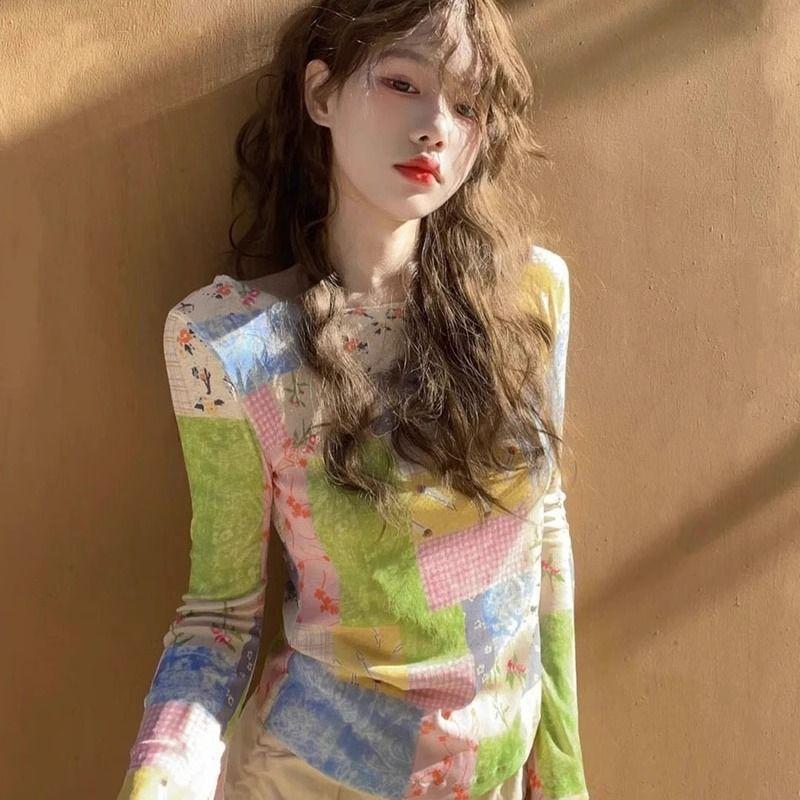 Flared-Sleeve Mesh Summer Thin Long-Sleeve Sun-Protection Printed Design Korean-Style Slim-Fit Trendy Cover-Up for Women