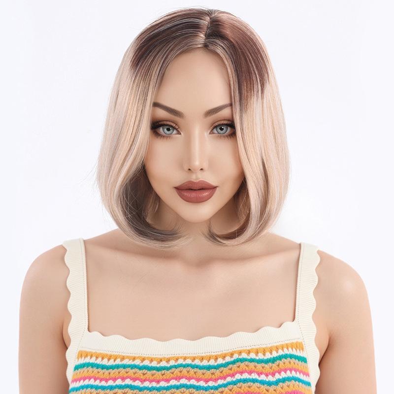 Women Mixed Blonde Brown Wigs with Dark Roots Short Hair Synthetic Wave Wig for Daily Cosplay Use Heat Resistant Fibre